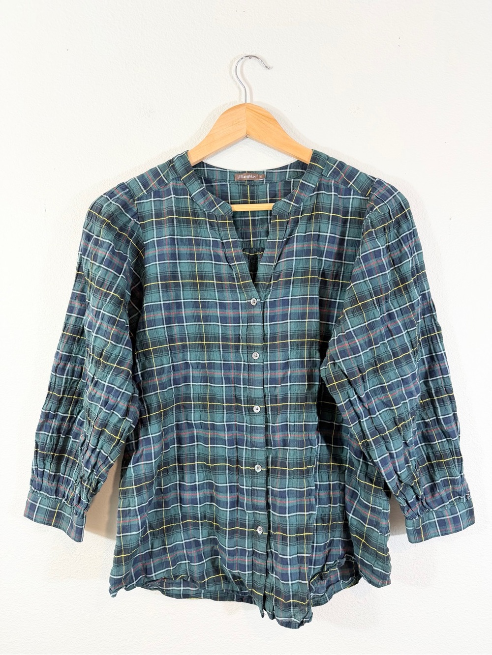J. McLaughlin Green Blue Plaid Blouse Size S Button Front Gauze Cotton Preppy